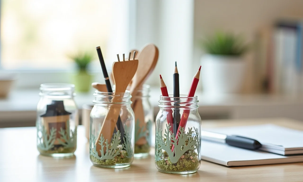 Potes de vidro decorados transformados em porta-trecos charmosos e funcionais.