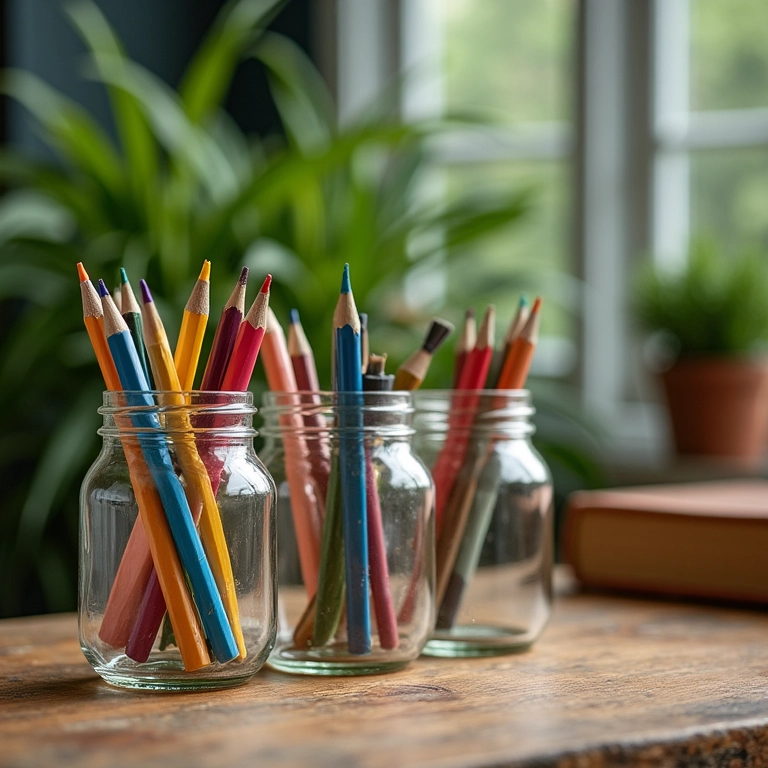 Potes de vidro reciclados como porta-trecos charmosos em mesa de escritório.