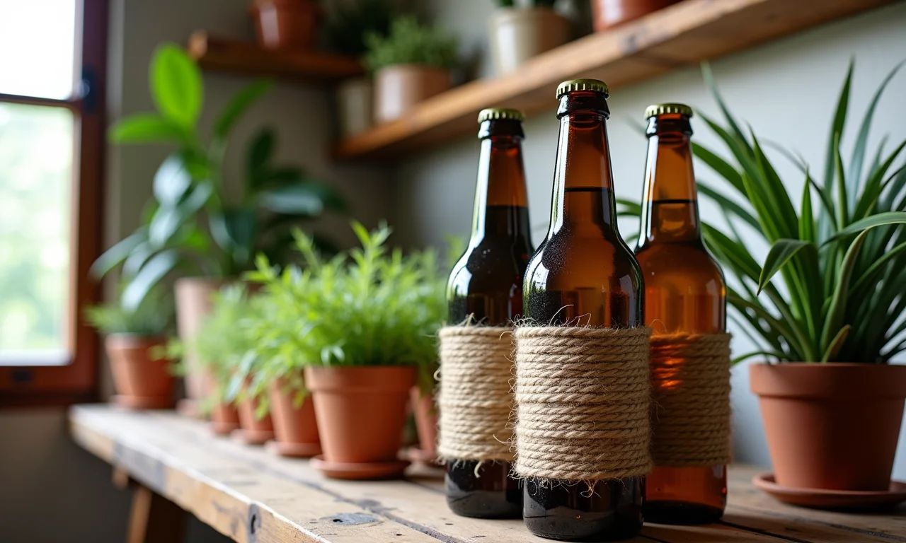 Potes decorativos feitos com garrafas de cerveja e barbante.