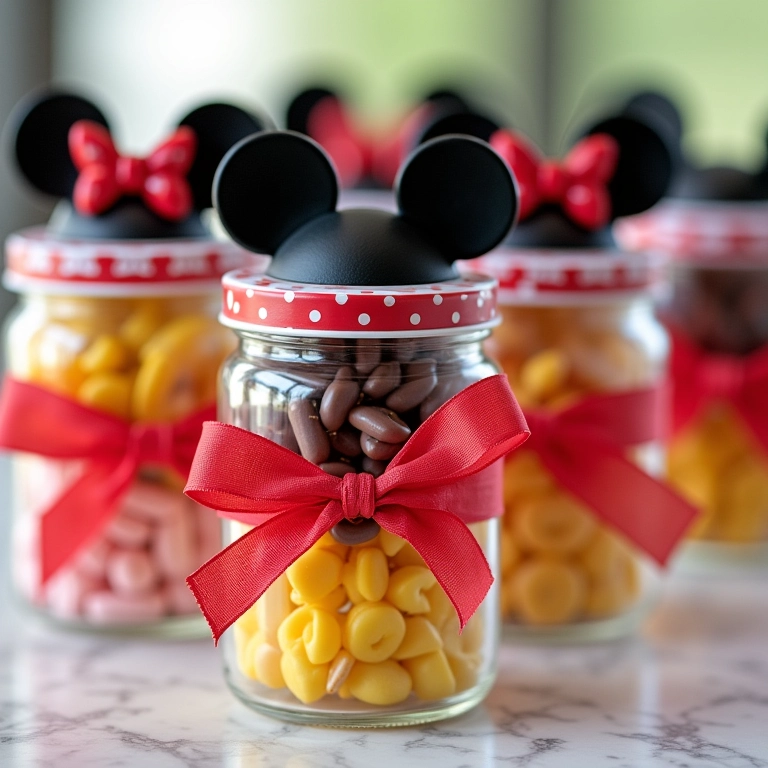 Potinhos de doce decorados com o Mickey Mouse.