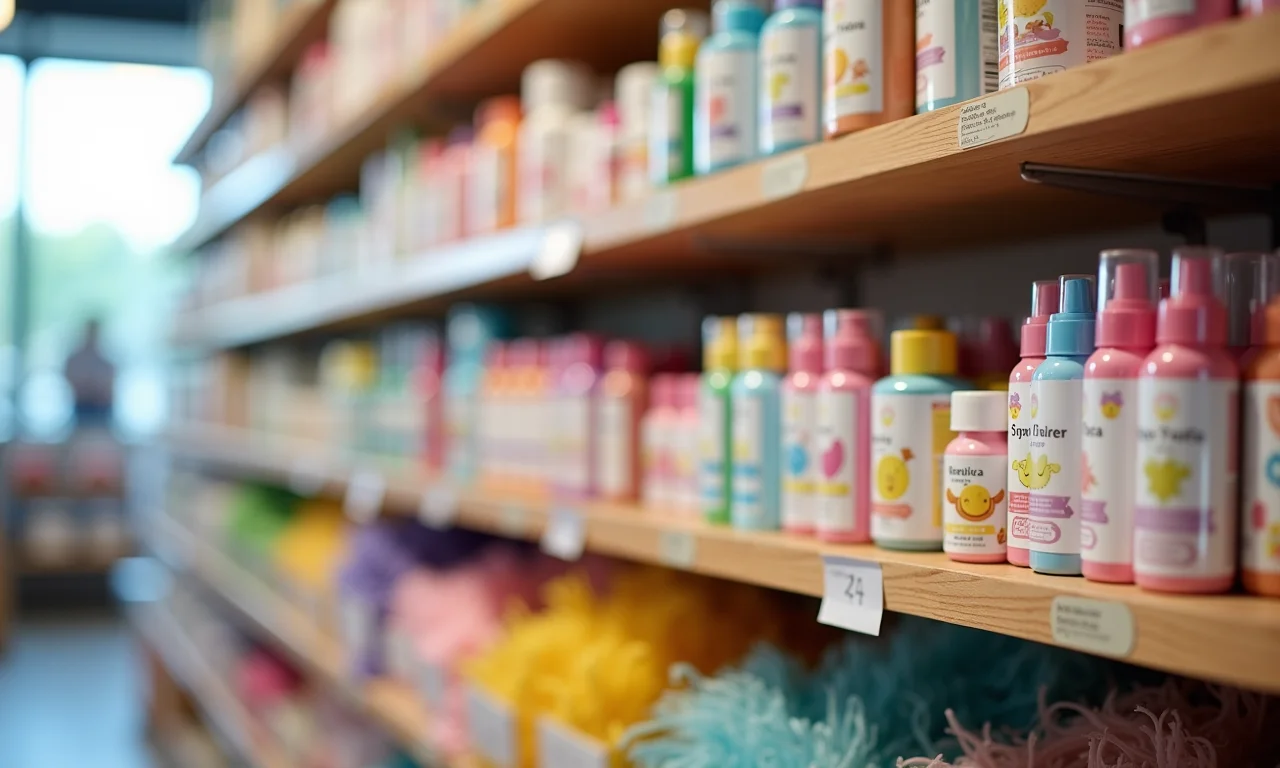 Prateleira de loja com materiais para fazer lembrancinhas.