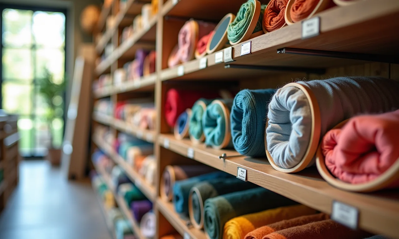 Prateleira de loja de artesanato com materiais para bordado.