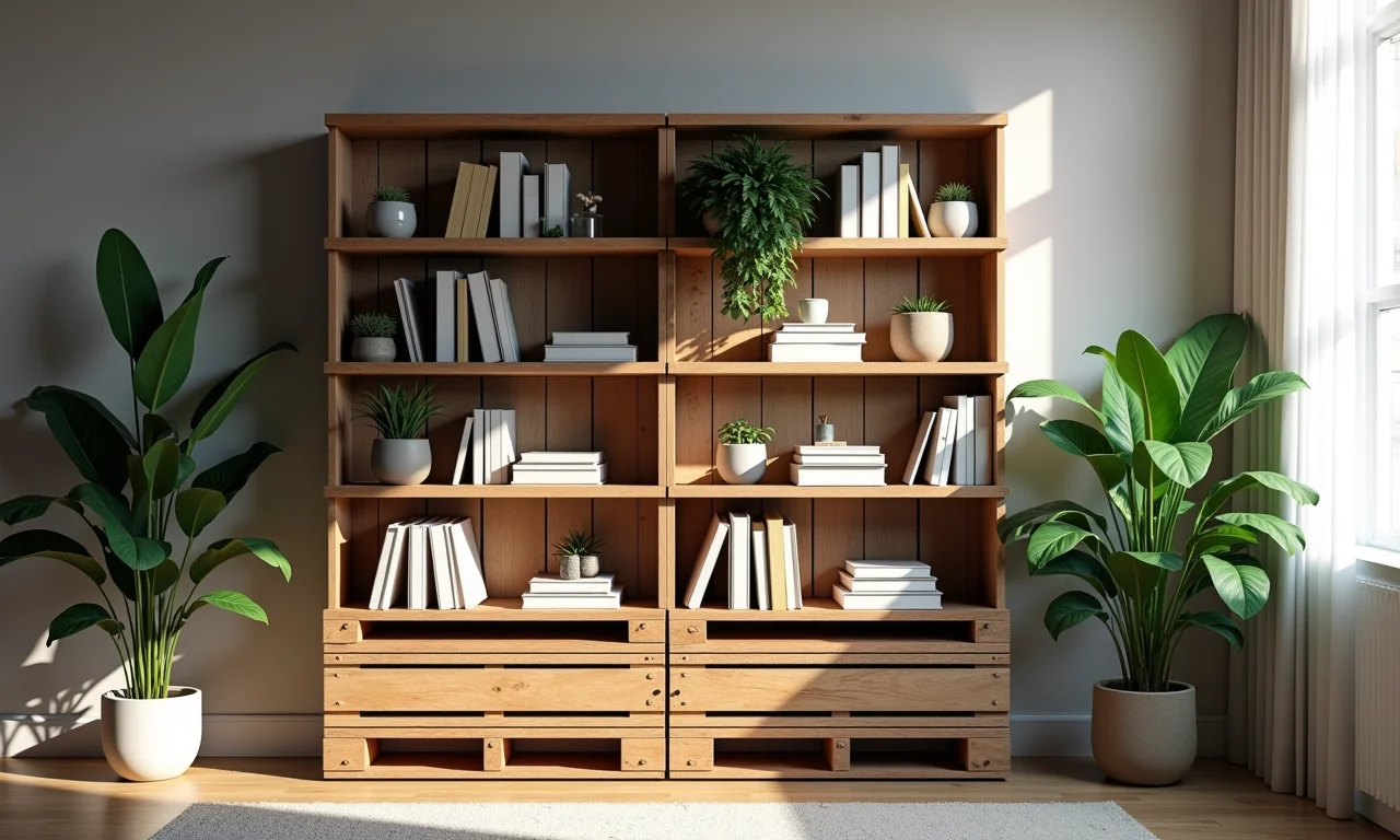 Prateleiras de pallet em apartamento brasileiro moderno.