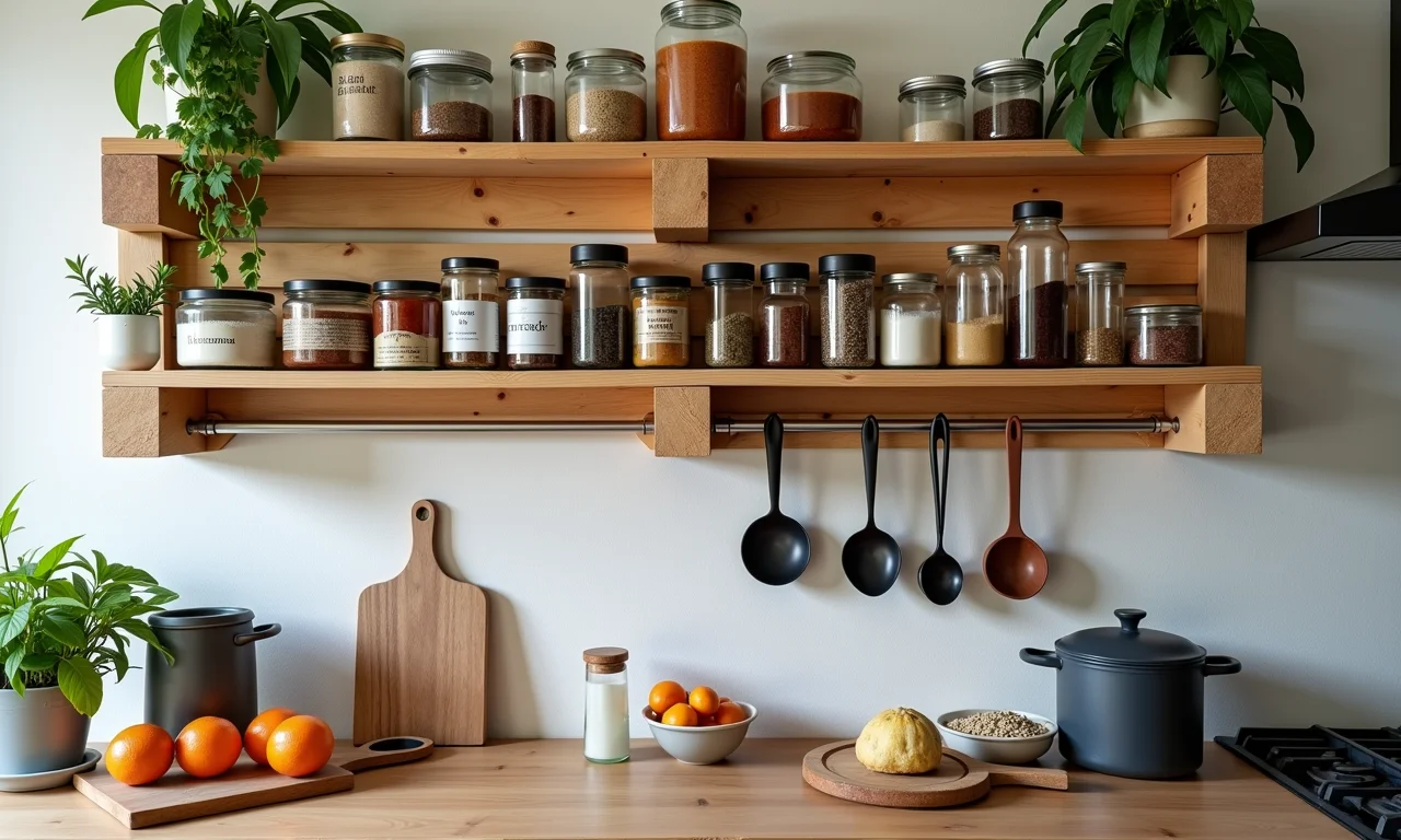 Prateleiras de pallet na cozinha brasileira com temperos e utensílios.