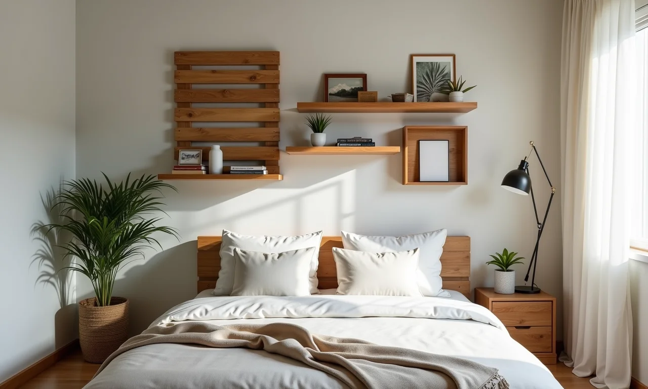 Prateleiras de pallet organizando quarto brasileiro aconchegante.