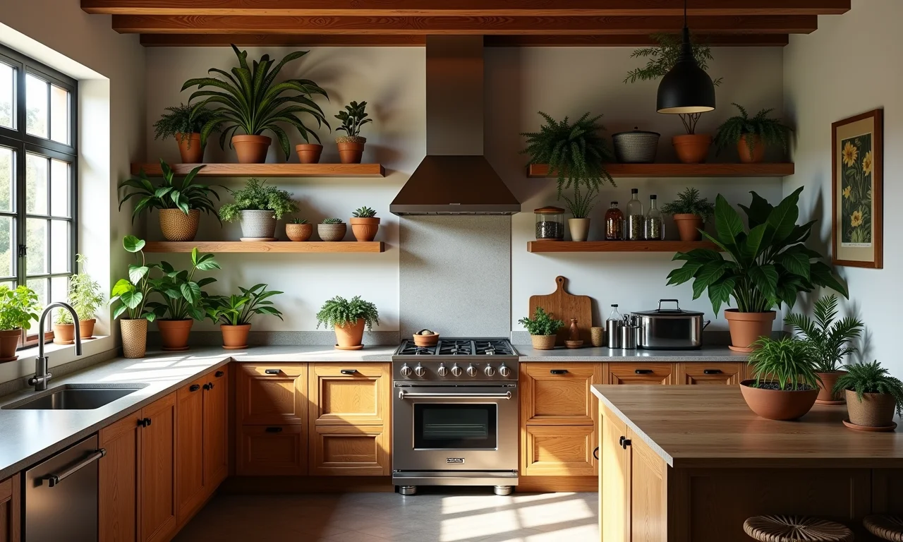 Prateleiras estilosas feitas de caixotes de feira em uma cozinha brasileira.