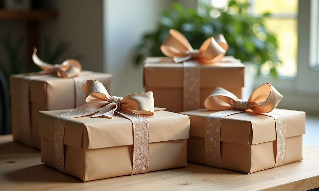 Presentes de Natal em caixas de papelão decoradas.