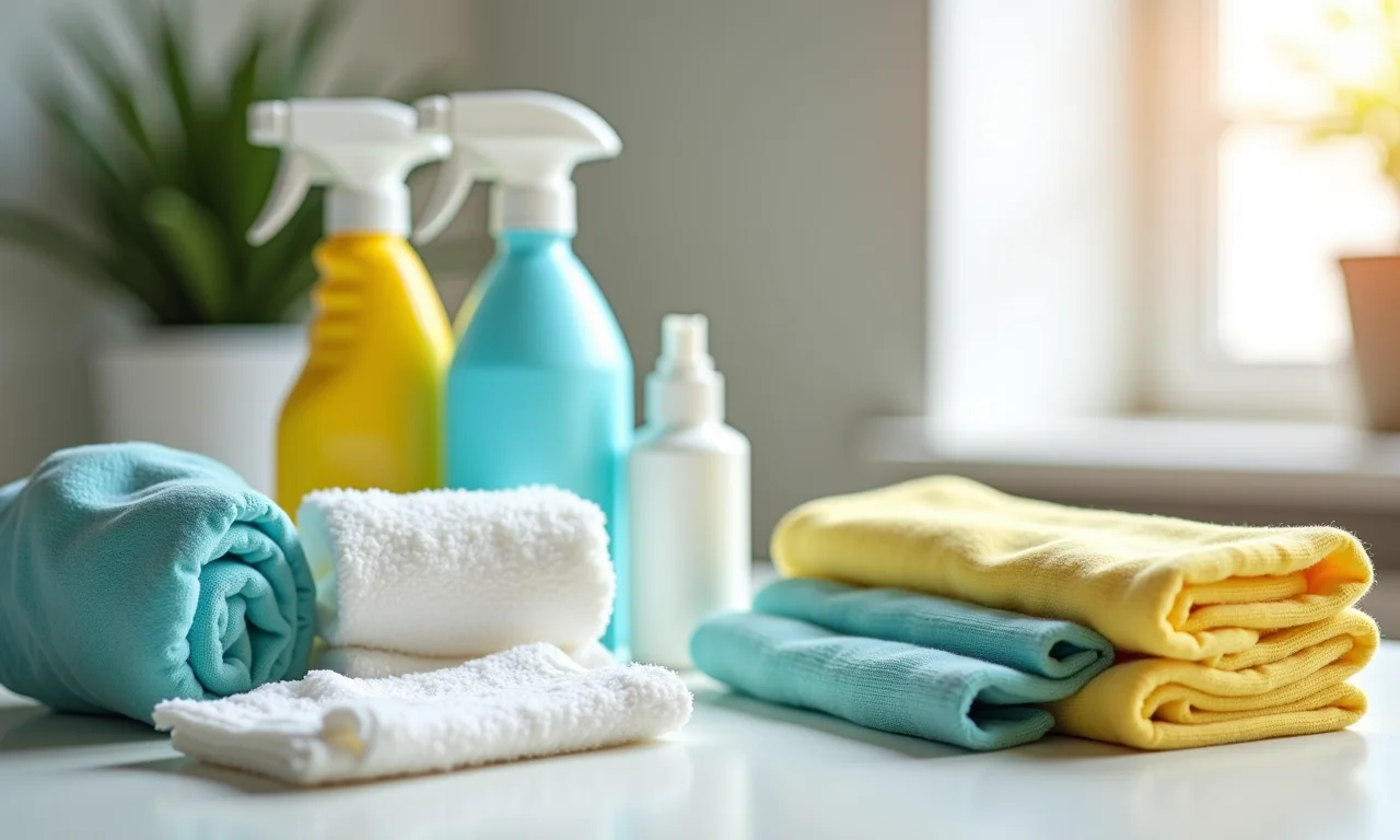 Produtos de limpeza ao lado de artesanatos de EVA.