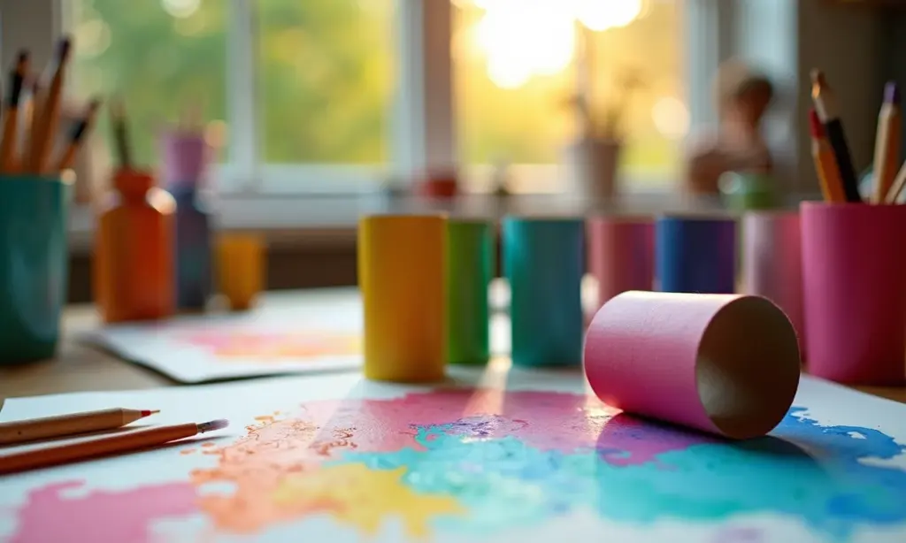 Pintura com rolo de papel higiênico: para crianças Projeto de arte infantil com rolos de papel higiênico e tinta colorida.