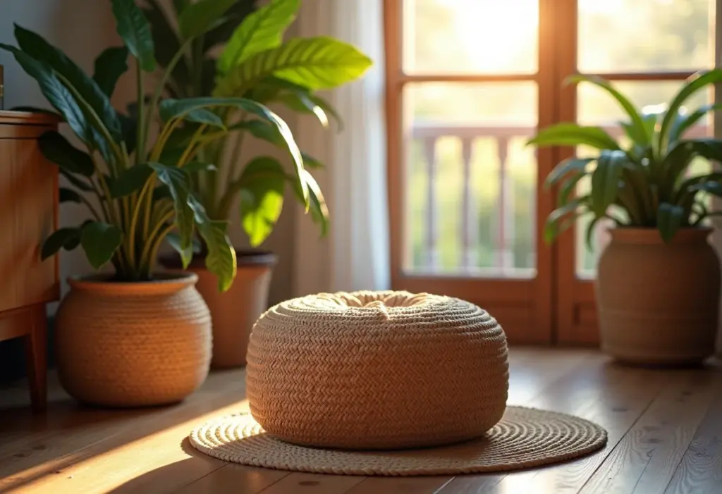 Puff de garrafa PET decorando sala de estar brasileira