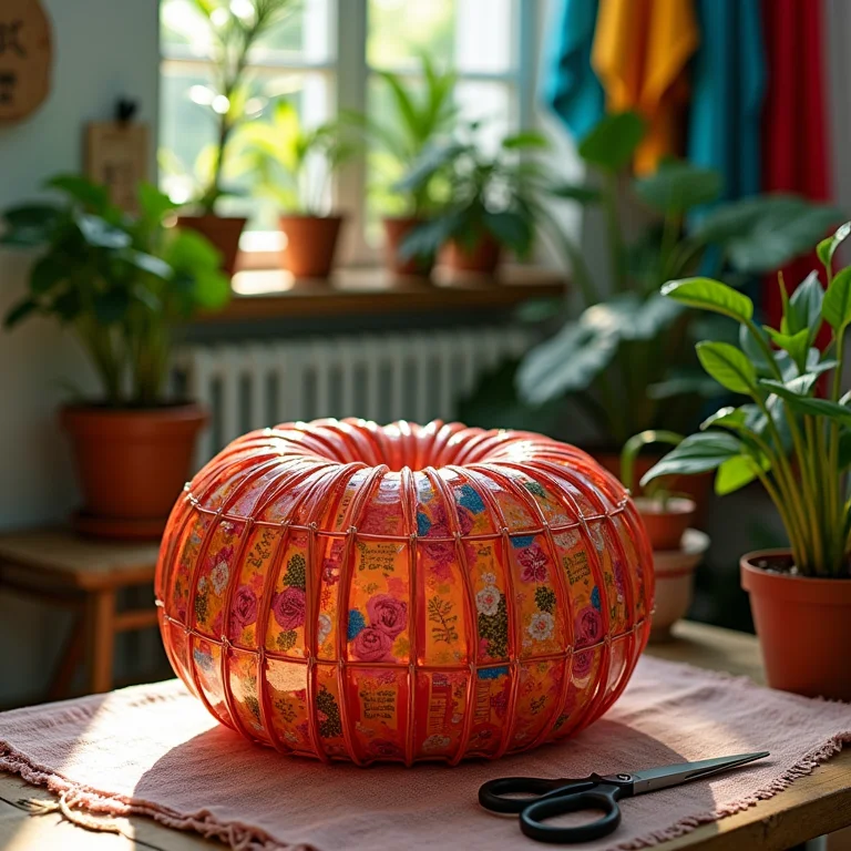 Puff de garrafa PET em ateliê de artesanato brasileiro