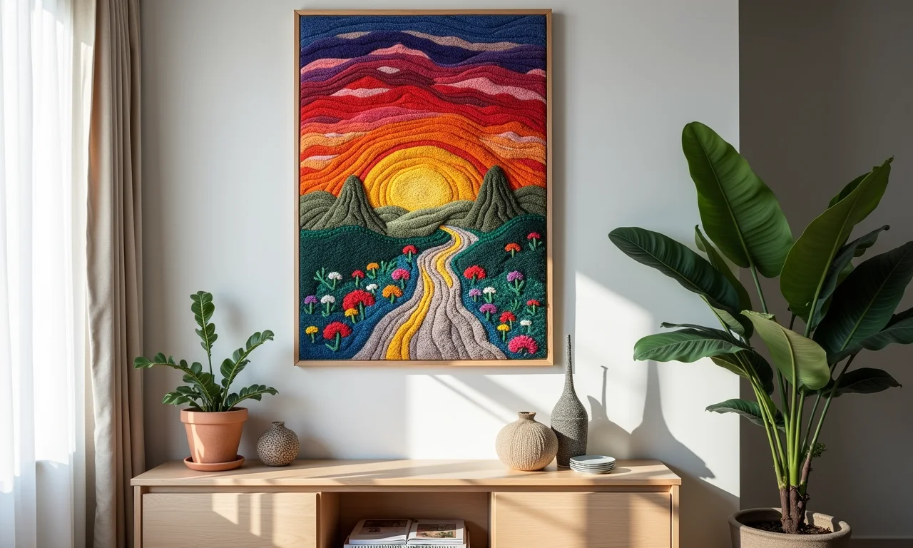 Quadros decorativos bordados com ponto russo em parede moderna.