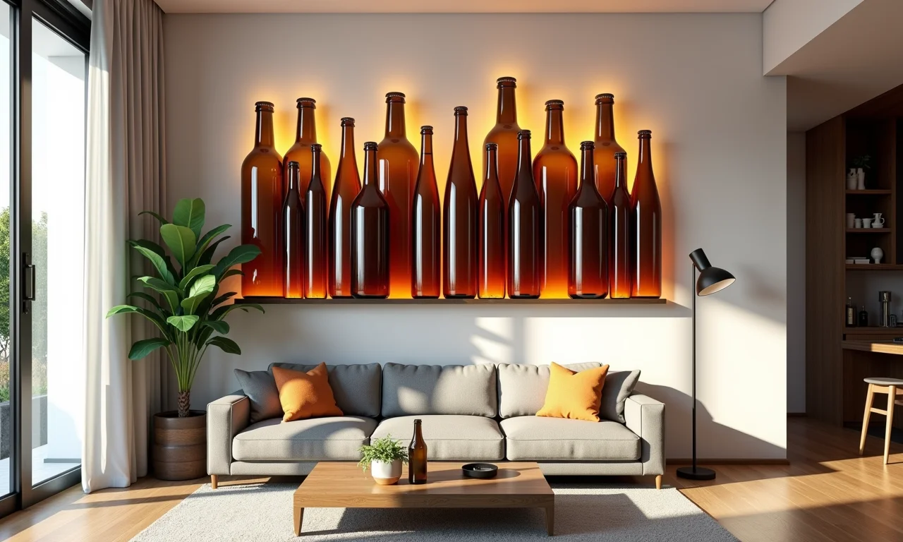 Quadros decorativos com garrafas de cerveja.