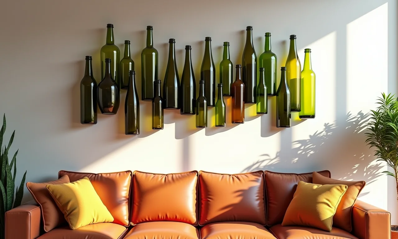 Quadros decorativos feitos de garrafas de vidro recicladas, adicionando um toque único a uma sala de estar.