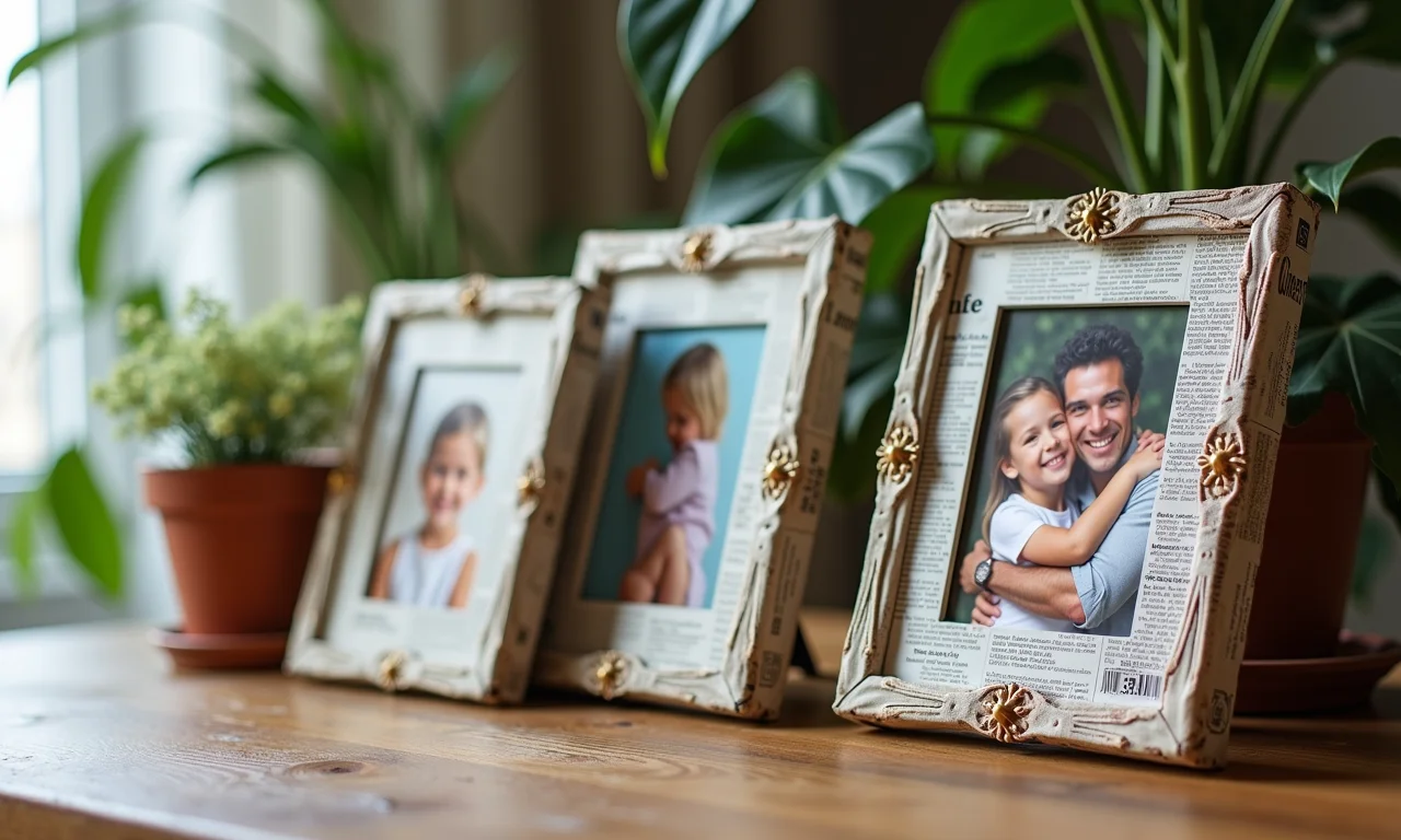 Quadros personalizados feitos com revistas e jornais reciclados.