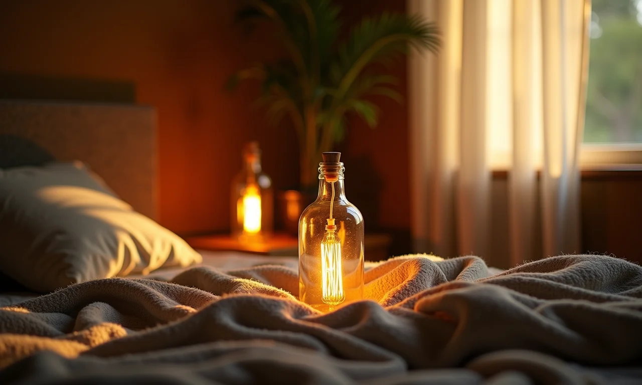 Quarto aconchegante com luminárias de garrafa.