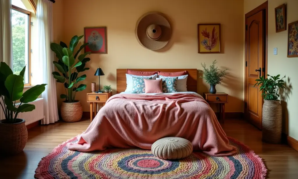 Tapete crochê para quarto: modelos para inspirar Quarto aconchegante com tapete de crochê colorido.