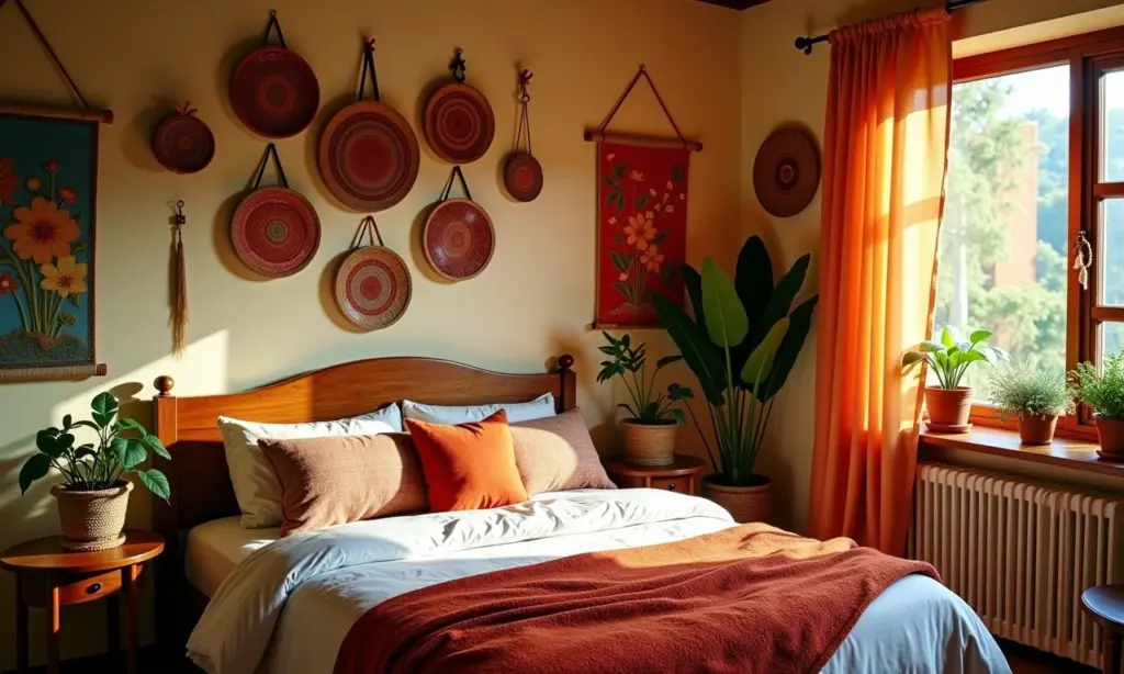 Quarto aconchegante decorado com artesanato, iluminação natural e cores vibrantes.