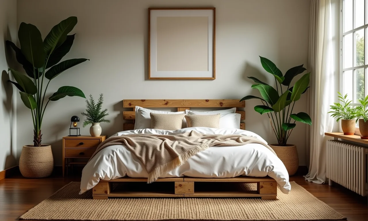 Quarto brasileiro com cama de paletes, roupa de cama aconchegante e plantas.