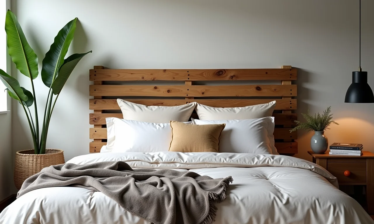 Quarto com cabeceira de pallet elegante e roupa de cama aconchegante com decoração brasileira.