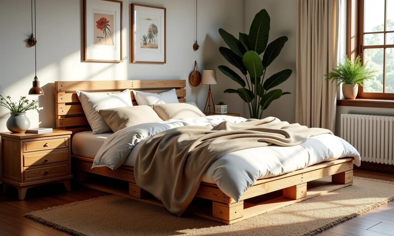 Quarto com cama de pallet elegante, roupa de cama aconchegante e decoração brasileira.