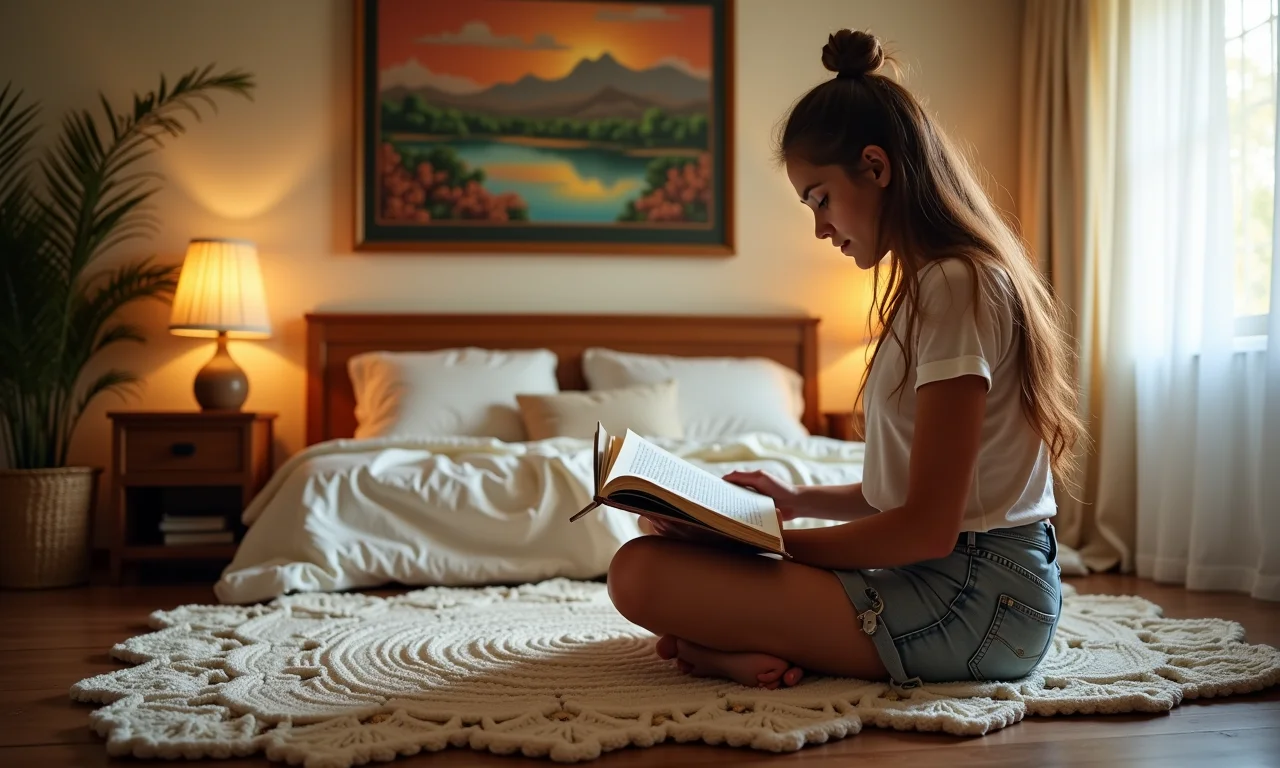 Quarto com um tapete de crochê macio ao lado da cama, iluminação quente e arte brasileira.