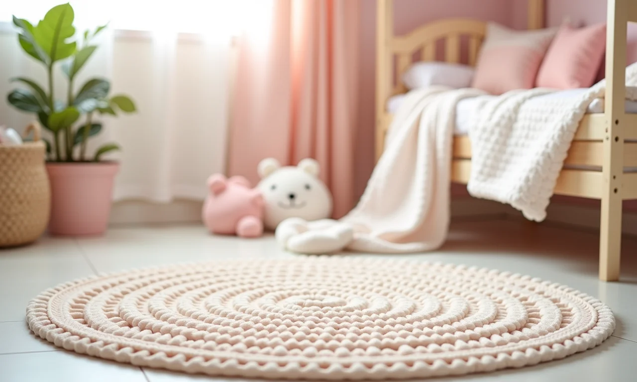 Quarto de bebê com tapete de crochê delicado.