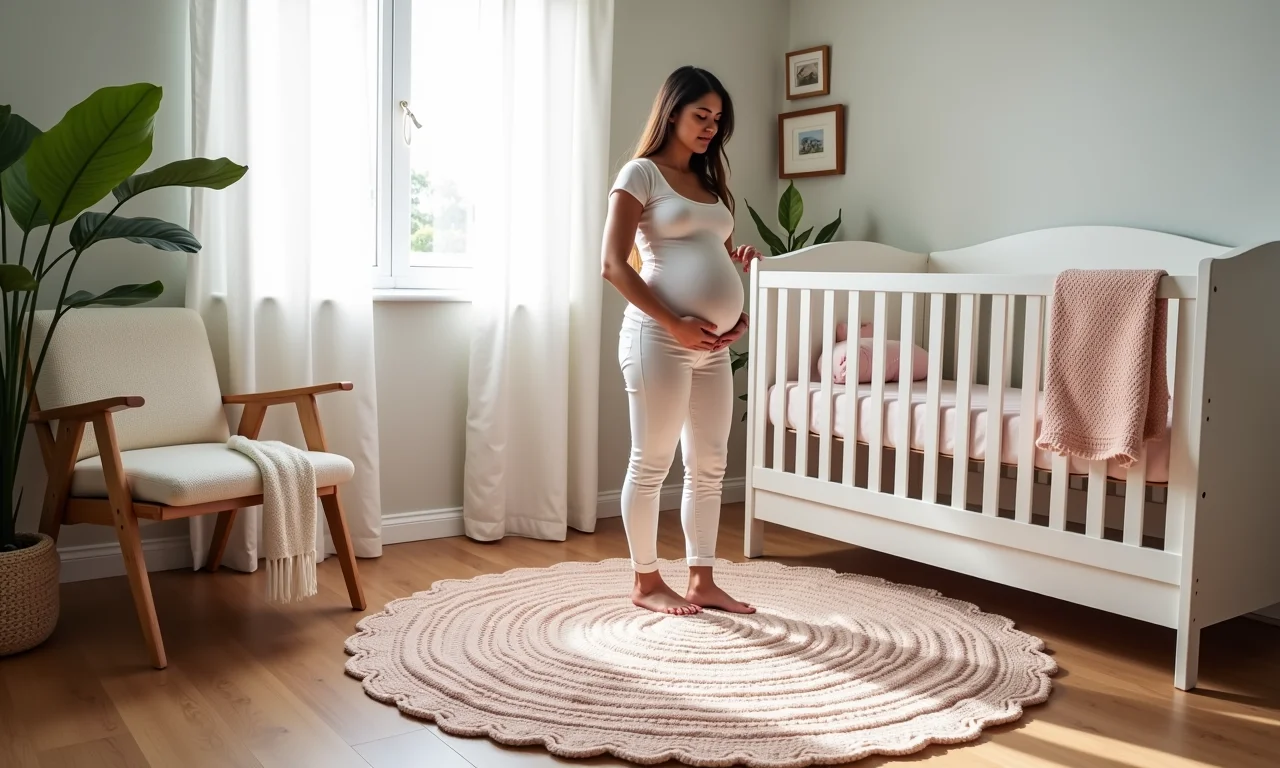 Quarto de bebê com um tapete de crochê delicado, cores pastel e luz suave.