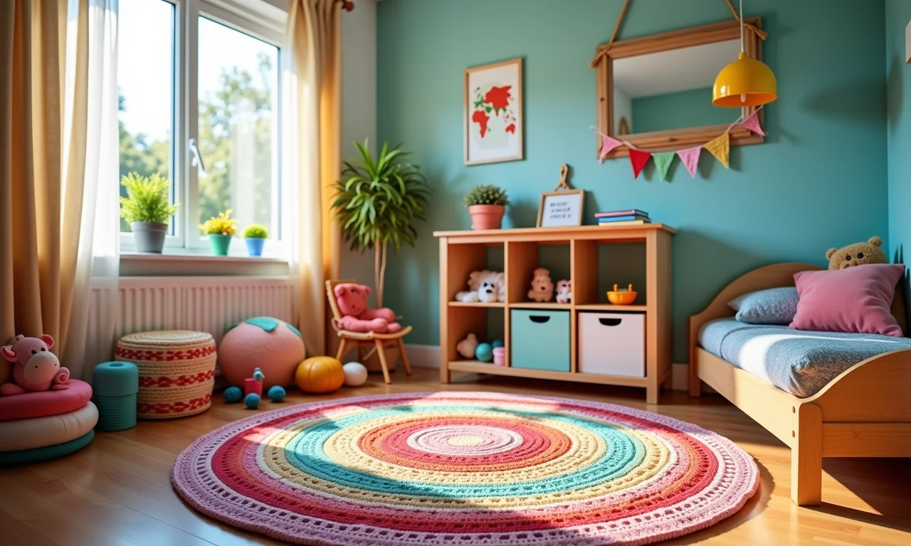 Quarto infantil com tapete de crochê divertido.