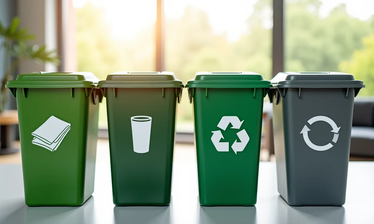 Quatro lixeiras de reciclagem representando os pilares da reciclagem.