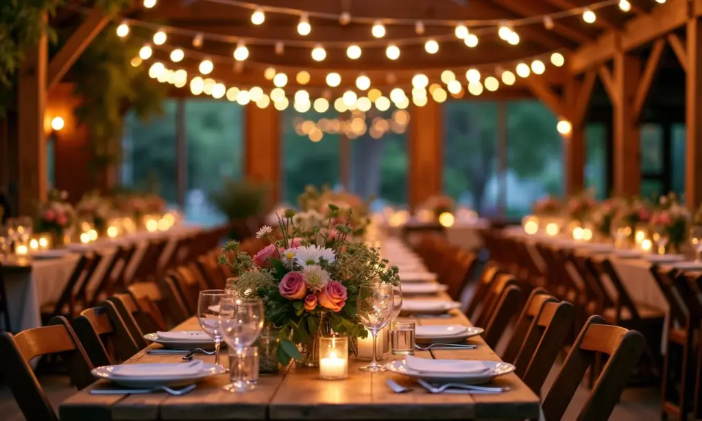 Recepção de casamento rústico com decoração campestre e iluminação aconchegante.