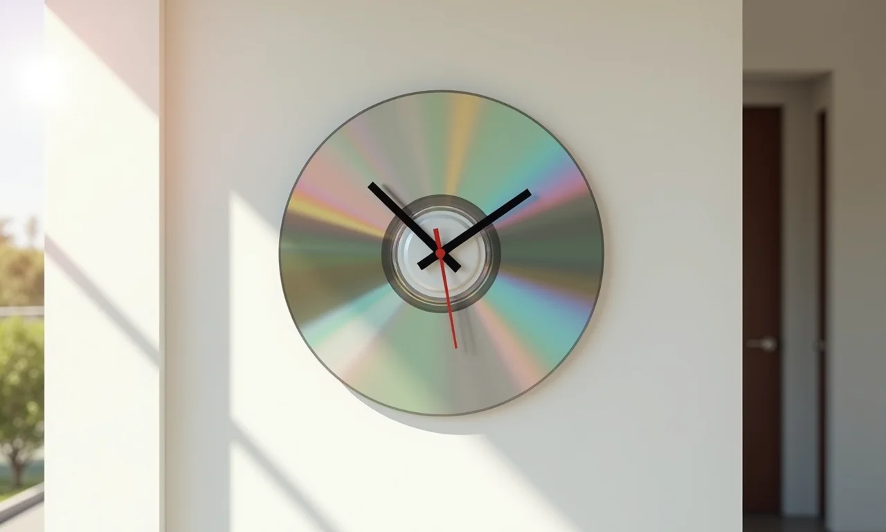 Relógio criativo de parede feito de CD reciclado.
