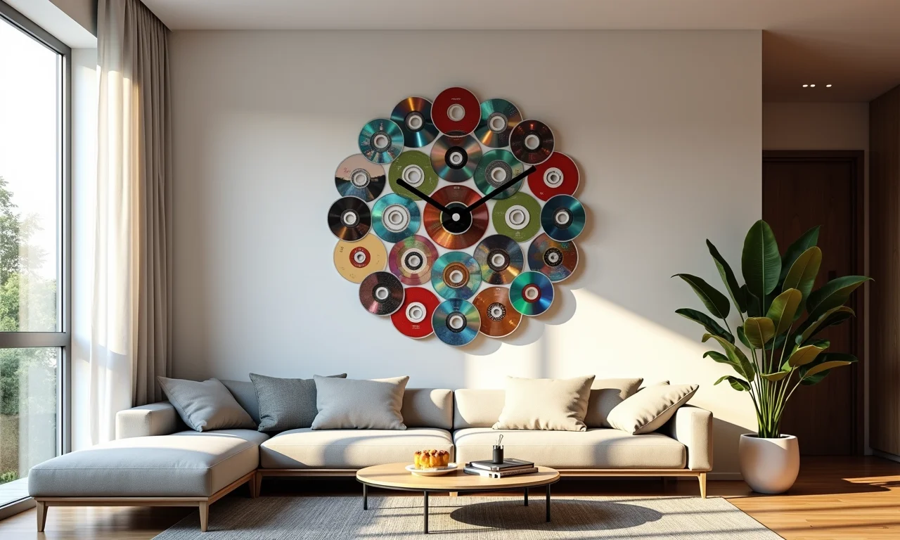 Relógio de parede criativo feito de CD reciclado.