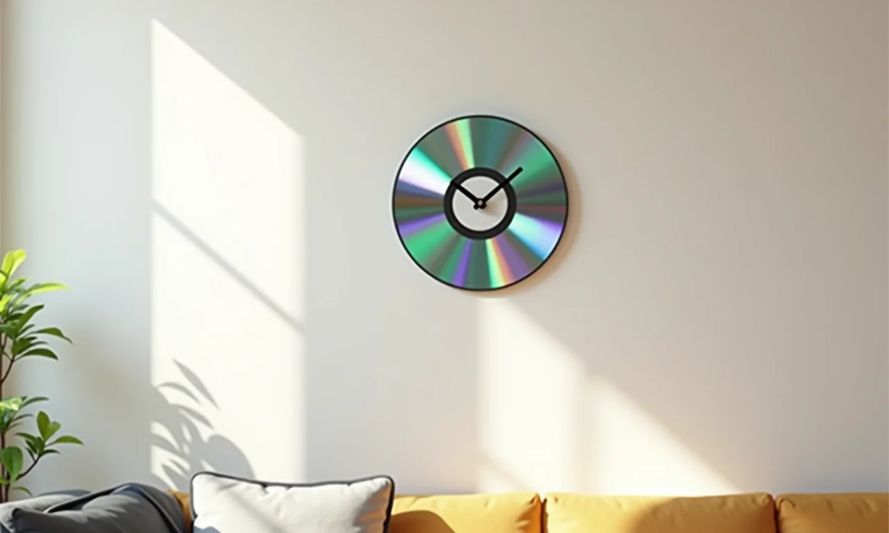 Relógio de parede moderno feito com CD reciclado.