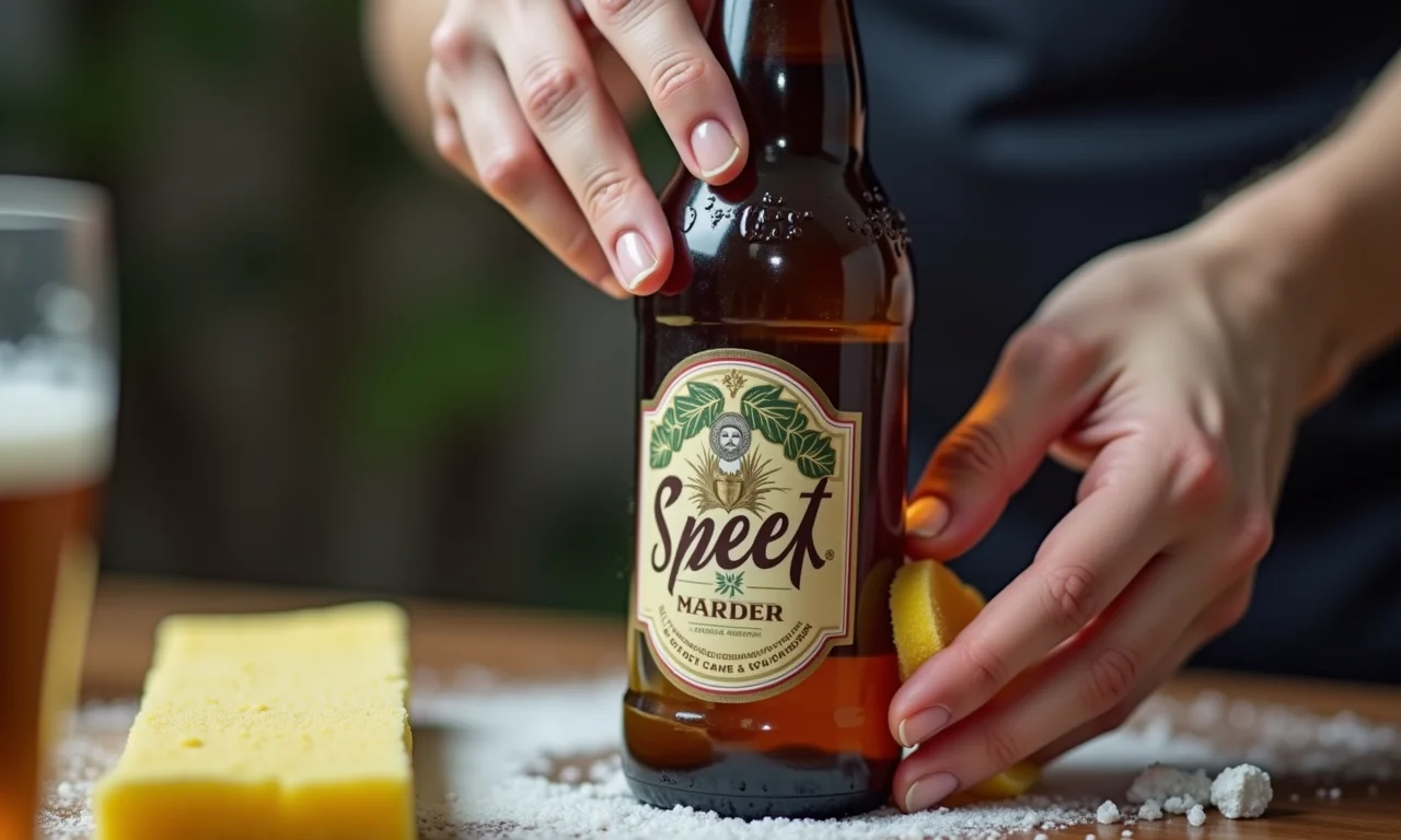 Removendo rótulo de garrafa de cerveja para decoração.