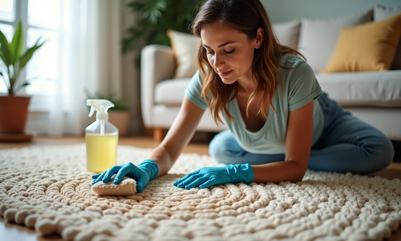 Removendo uma mancha de um tapete de crochê com produtos de limpeza.