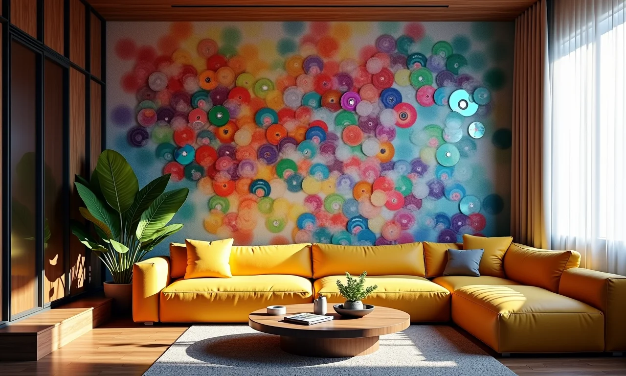 Revestimento de parede com fragmentos de CD em sala colorida.