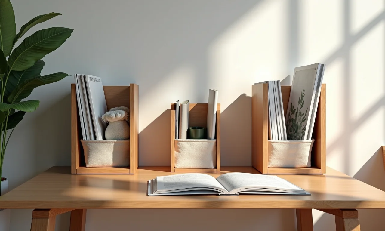 Revisteiros e organizadores de mesa feitos de madeira e tecido em um escritório.