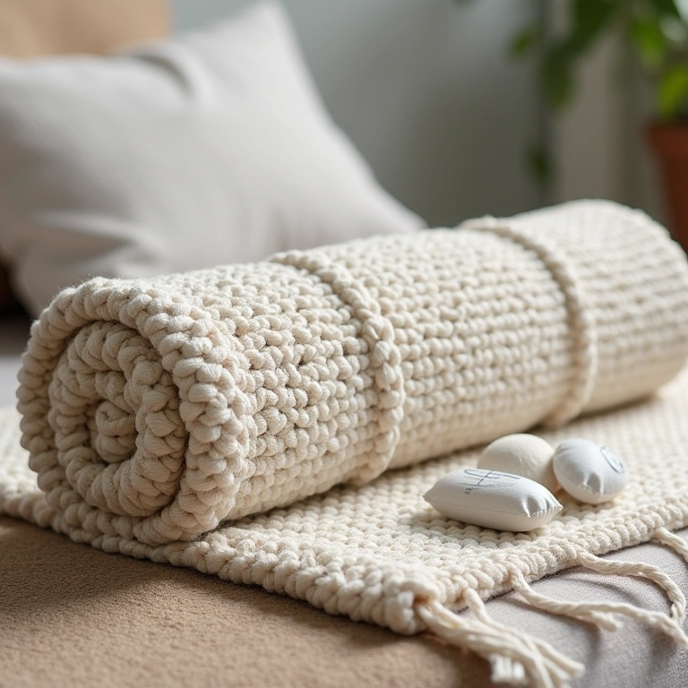 Rolled up clean crochet rug stored in a breathable cotton bag, with silica gel packets. Tapete de crochê limpo e enrolado guardado em saco de algodão.