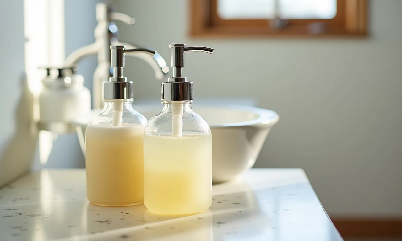 Saboneteiras e porta-álcool em gel feitos de garrafas de vidro recicladas, exibidos em um banheiro.