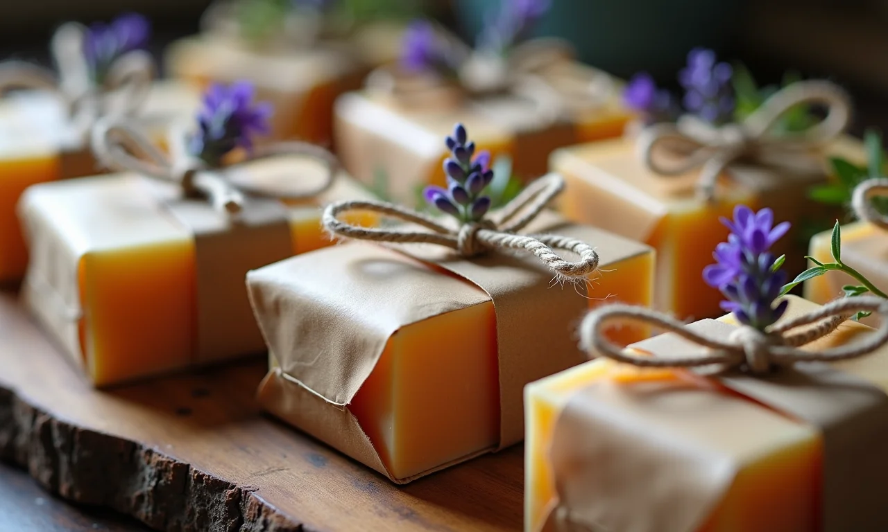 Sabonetes artesanais como lembrancinhas de casamento, embrulho rústico.