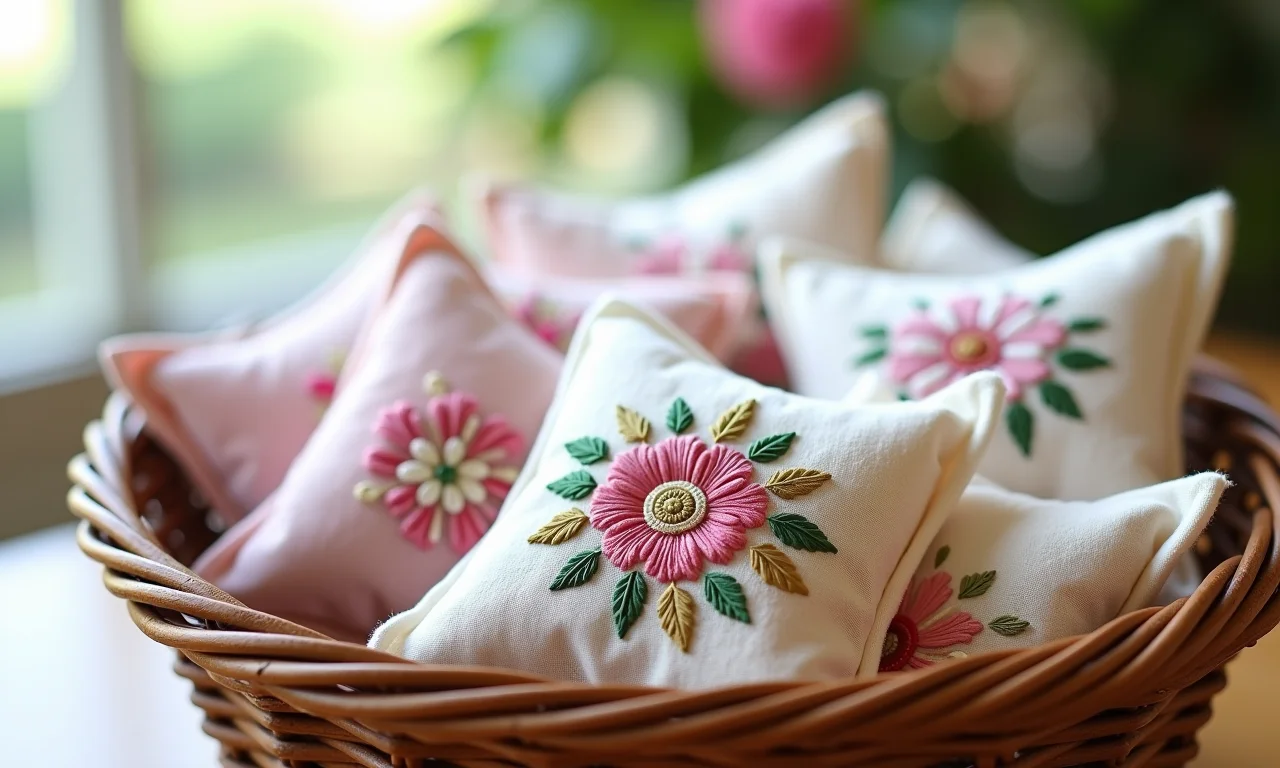 Sachês perfumados bordados como lembrancinha de casamento.