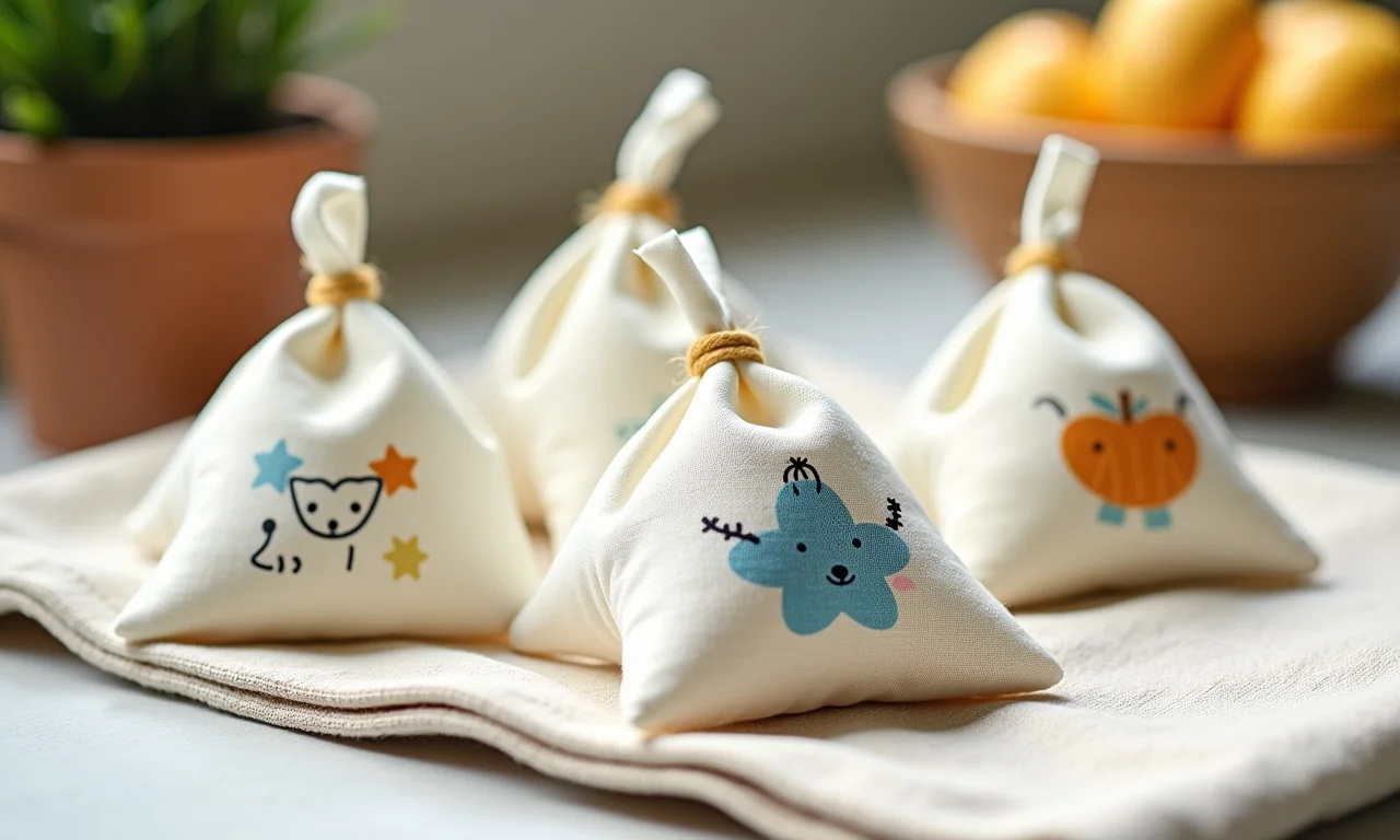 Sachês perfumados com estampas de bebê sobre tecido de linho.