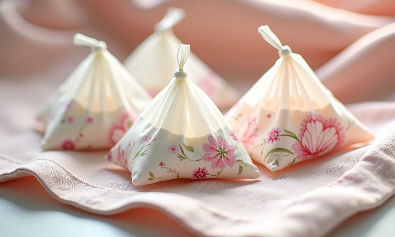 Sachês perfumados de EVA com estampas florais sobre um tecido de linho.