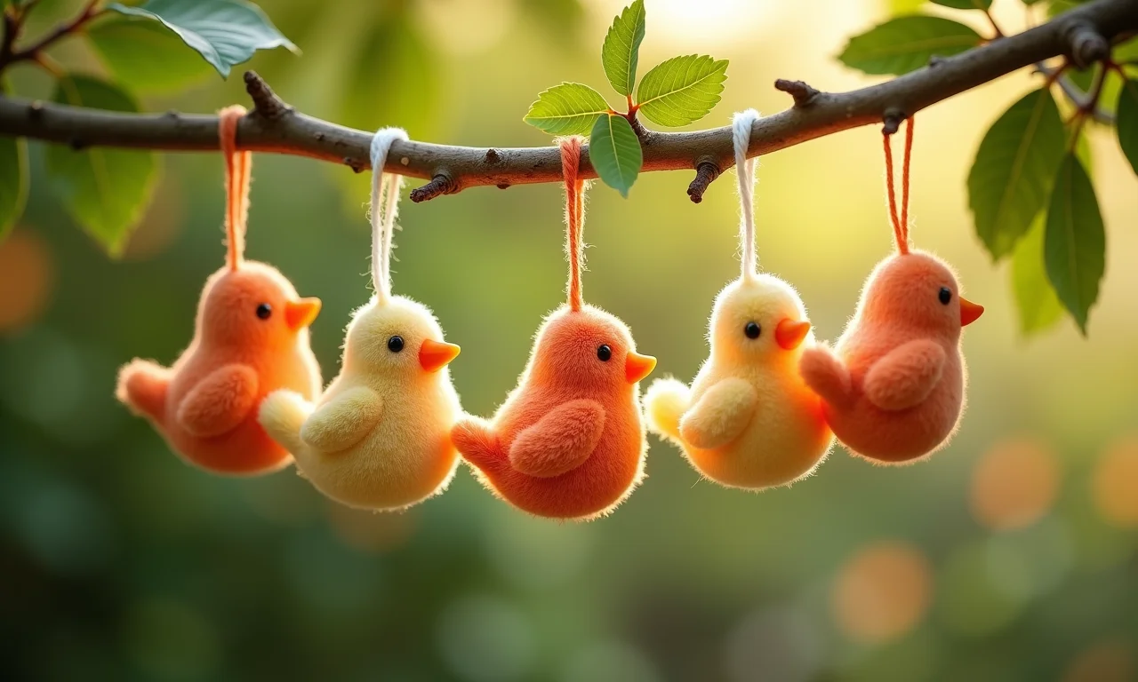 Sachês perfumados em formato de passarinho pendurados em galho.