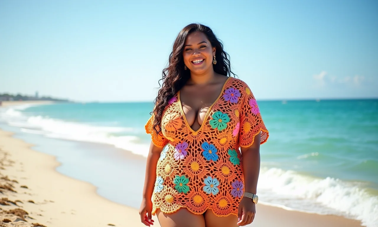 Saída de praia de crochê colorida em mulher plus size sorrindo na praia.