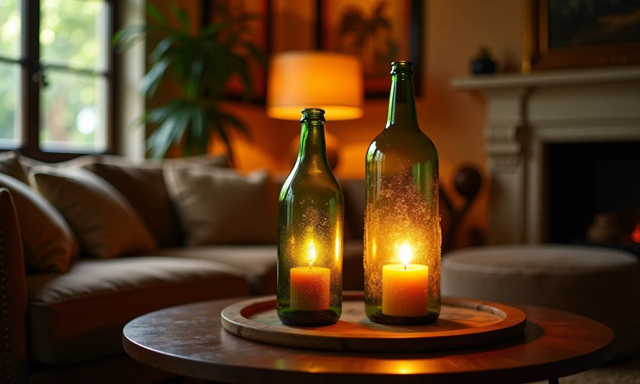 Sala aconchegante com garrafas transformadas em luminárias, criando uma atmosfera acolhedora.