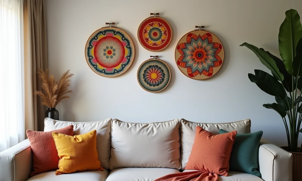 Sala de estar aconchegante com bastidores bordados na parede.