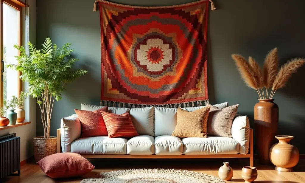 Sala de estar aconchegante com diversos artesanatos feitos à mão.