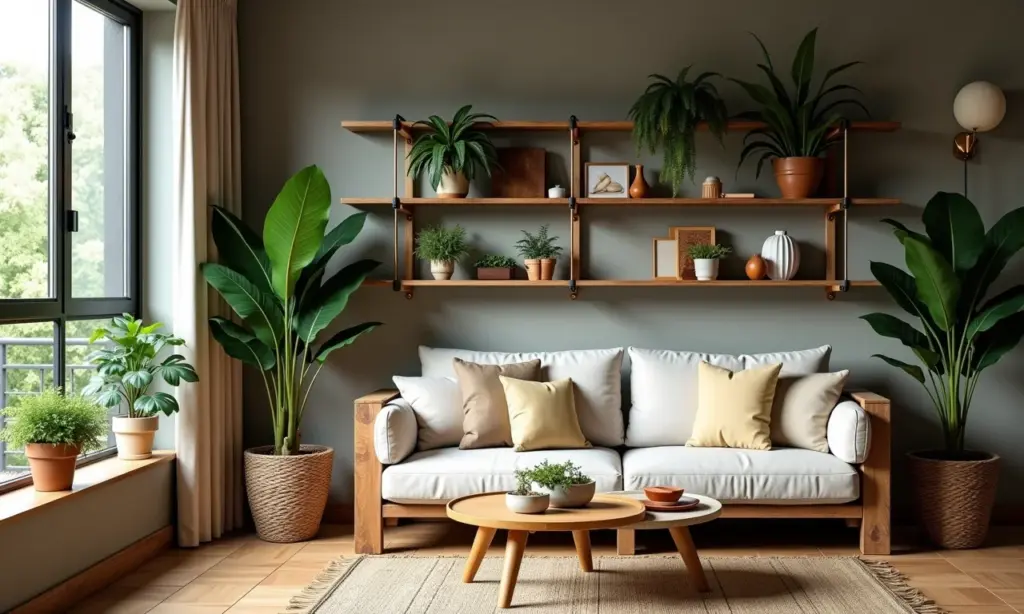 Sala de estar aconchegante com prateleiras de pallet decoradas com plantas.